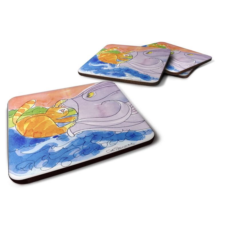 Caroline's Treasures 6103FC Cat and the Big Fish Foam Coasters (Set of 4), 3.5 H x 3.5 W, Multicolor image number 0