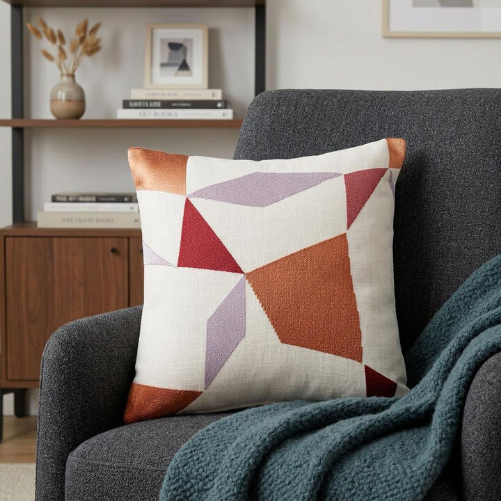 HomeRoots 20" Ivory Red and Orange Geometric Cotton Blend Throw Pillow With Embroidery