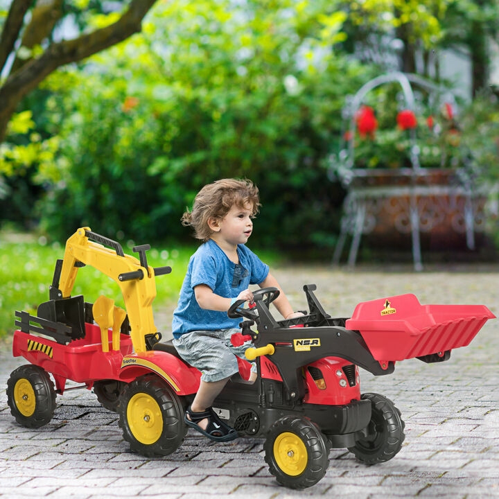 BreeBe 3 in1 Kids Ride On Bulldozer Excavator Toy with 6 Wheels Controllable Cargo Trailer Easy Pedal Controls