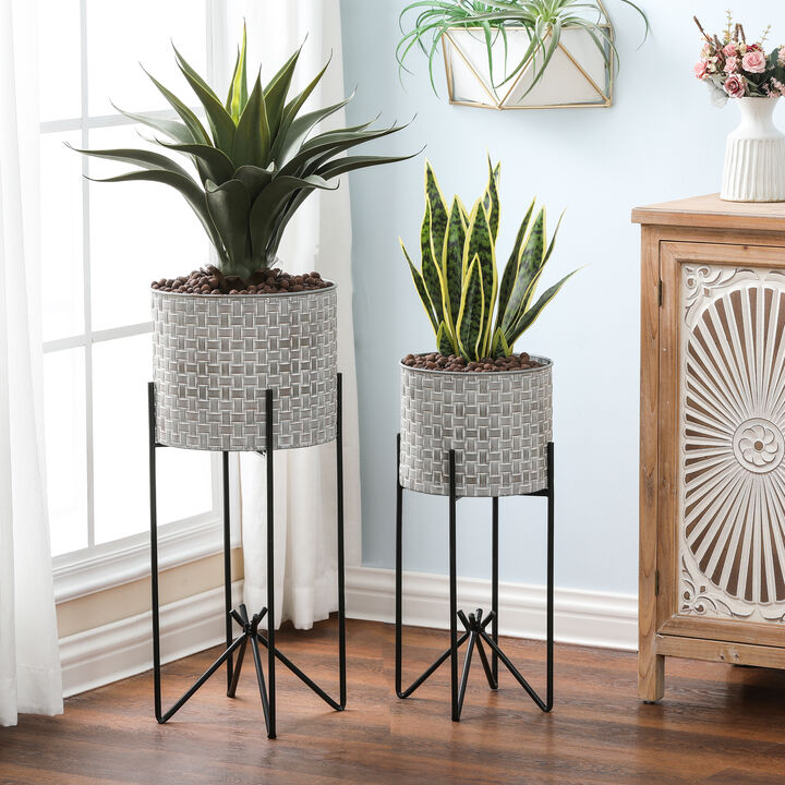 LuxenHome Set of 2 Gray and Black Metal Cachepot Planters with Stands