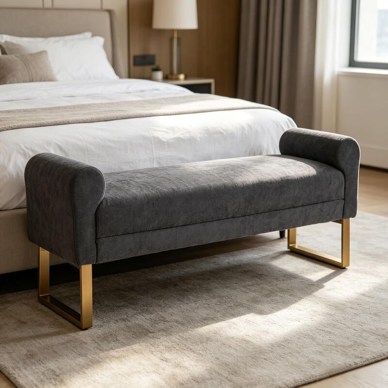 Envelor 65 in. Chenille Upholstered Ottoman Bench with Arms and Gold Legs image number 2