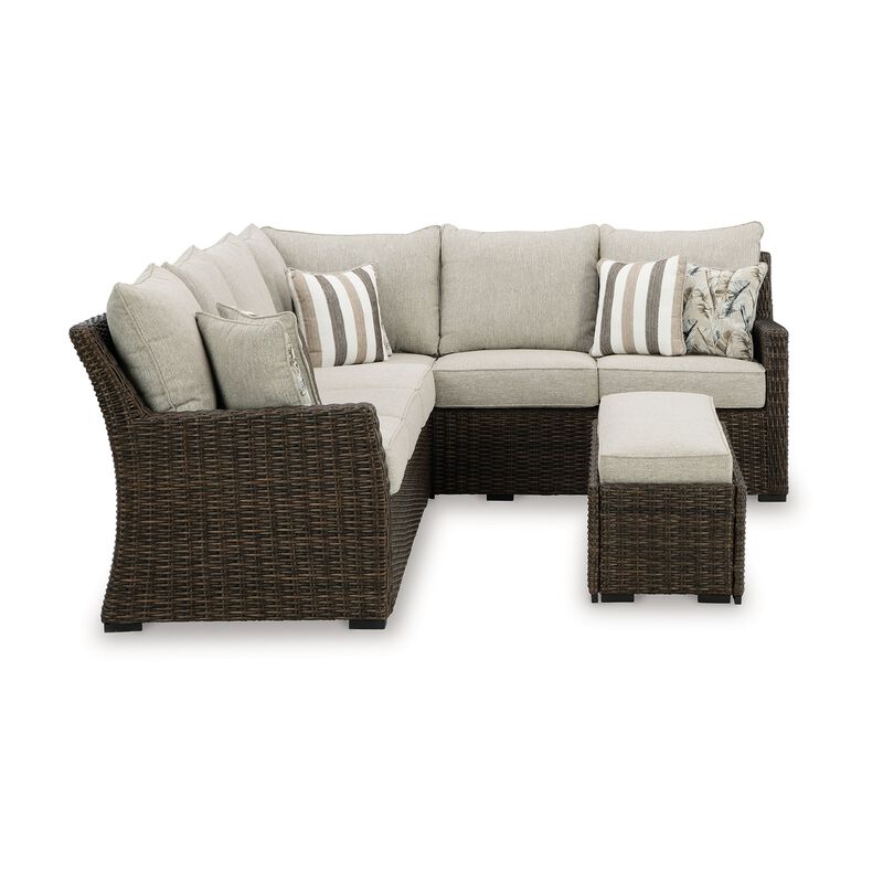 Soha Outdoor 3pc Sectional Sofa, Brown Wicker, Beige Nuvella Cushions - Benzara