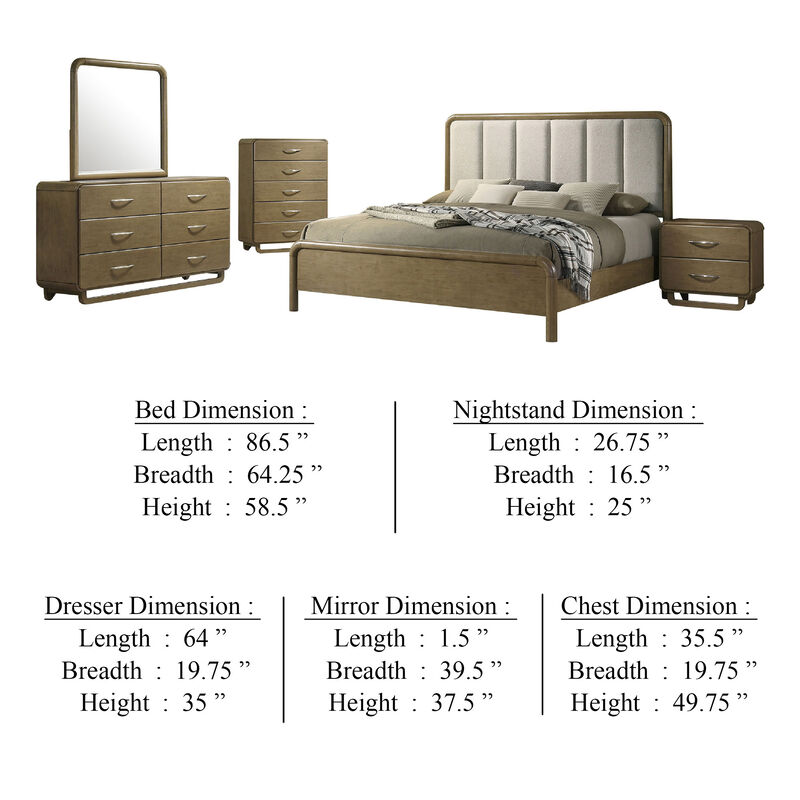 Deon 5 Piece Queen Bedroom Set, Upholstered Headboard, Brown Hardwood