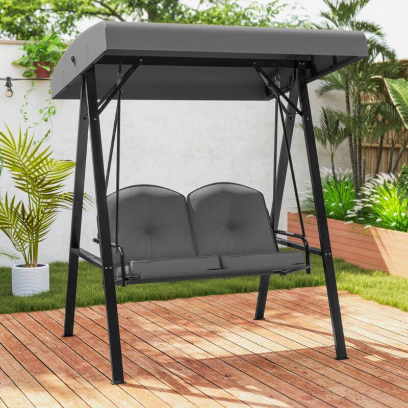 Hivvago 2-Person Outdoor Porch Swing with A-Shaped Metal Stand and Adjustable Canopy