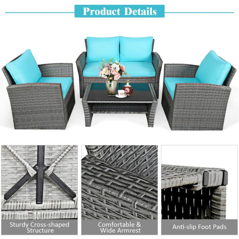 Hivvago 4 Pieces Patio Rattan Furniture Set Sofa Table with Storage Shelf Cushion
