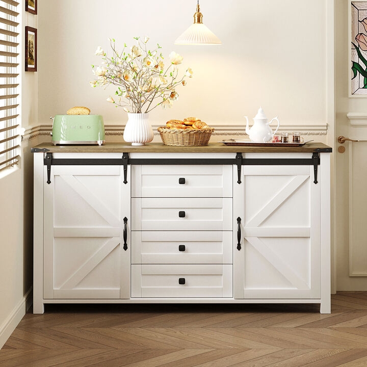 Merax Sideboard with Storage,Farmhouse Storage Cabinet with Sliding Barn Doors and 4 Drawers