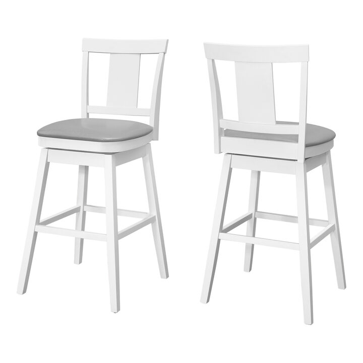 Monarch Specialties I 1232 Bar Stool, Set Of 2, Swivel, Bar Height, Wood, Pu Leather Look, White, Grey, Transitional