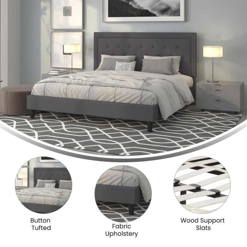 Flash Furniture Roxbury King Size Tufted Upholstered Platform Bed in Dark Gray Fabric image number 2