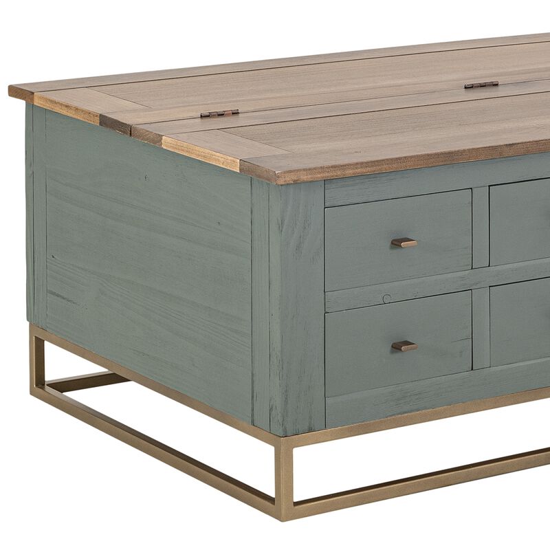 Timmy Cocktail Coffee Table, 8 Drawers, Sage Green Pine, 50 Inch