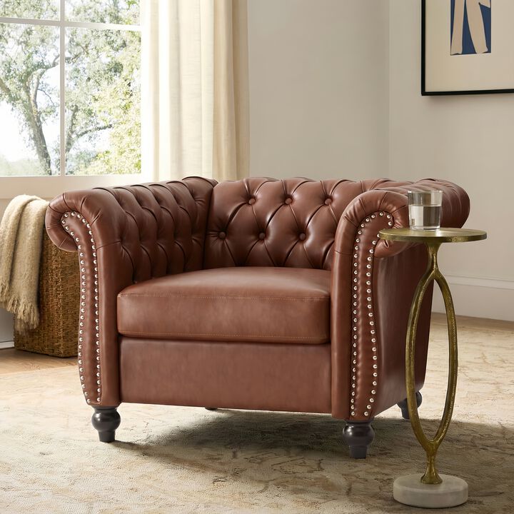 Whisen Classic Club Chair with Diamond Tufting, Scrolled Arms, and Wooden Legs