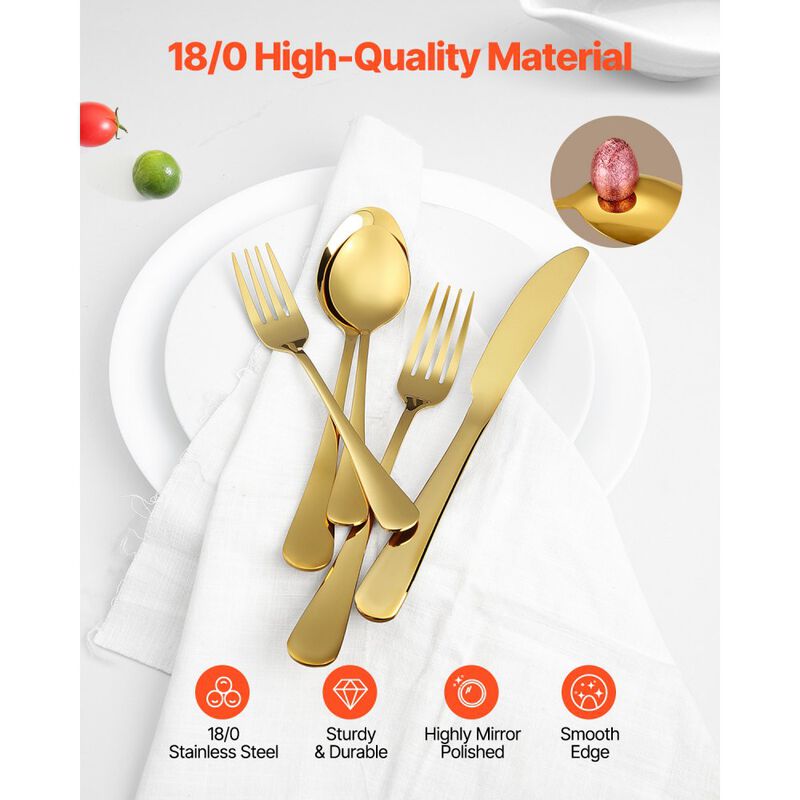 60-Piece Flatware Set for 12, Stainless Steel Cutlery with Knife Fork Spoon, Mirror Polished-Gold image number 6