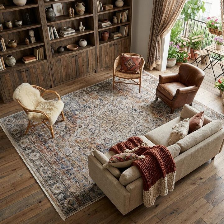 HomeRoots 8' X 10' Tan Blue And Burnt Orange Oriental Distressed Area Rug With Fringe