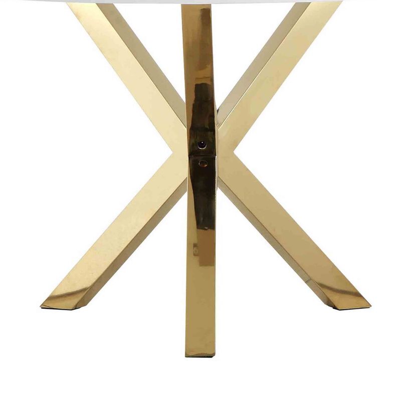 Emi 47 Inch Dining Table, Round White Lacquer Top, X Twisted Gold Legs