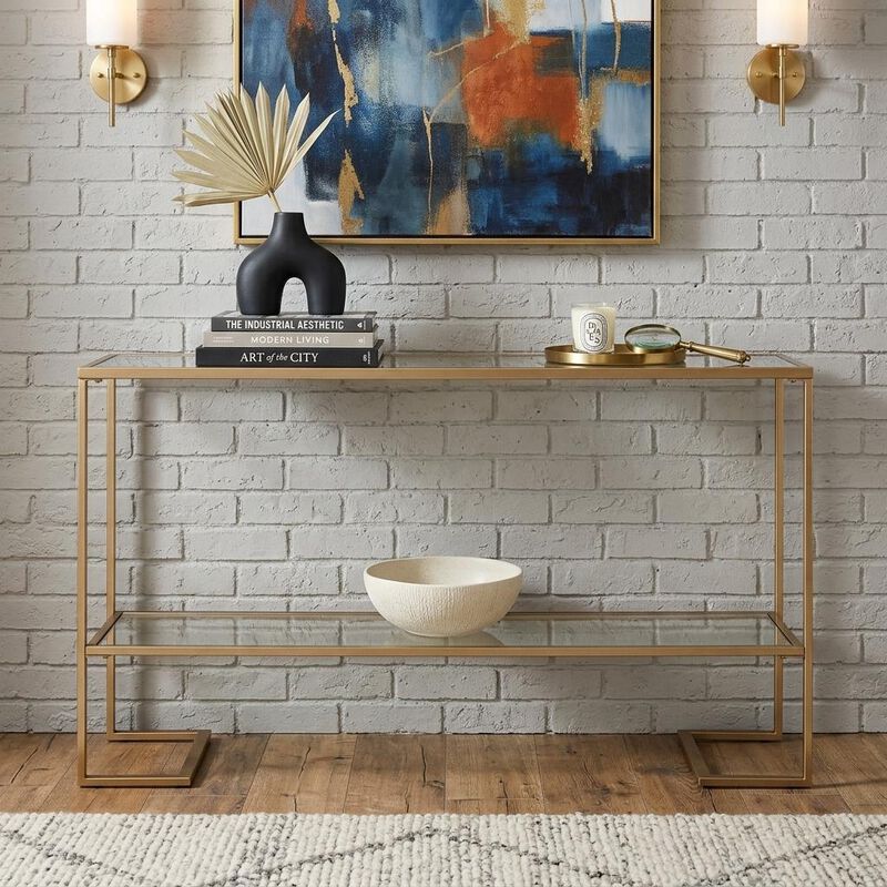 HomeRoots 52" Clear and Gold Mirrored Glass and Metal Sled Console Table With Shelf image number 1