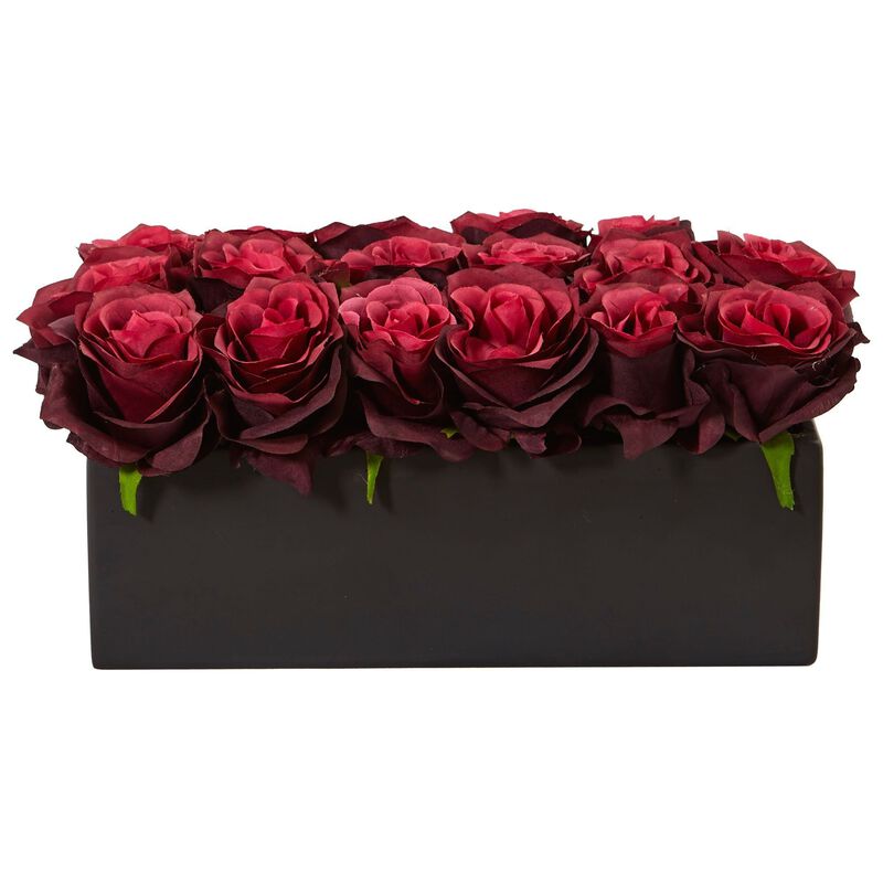 Nearly Natural 6-in Roses in Black Rectangular Planter Burgundy image number 1