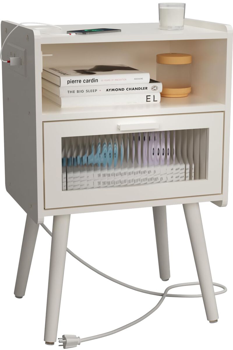 Mid Century Modern Nightstand with Charging Station, Bedside Tables with Glass Drawer, End Table Side Table with 2 Tiers Storage