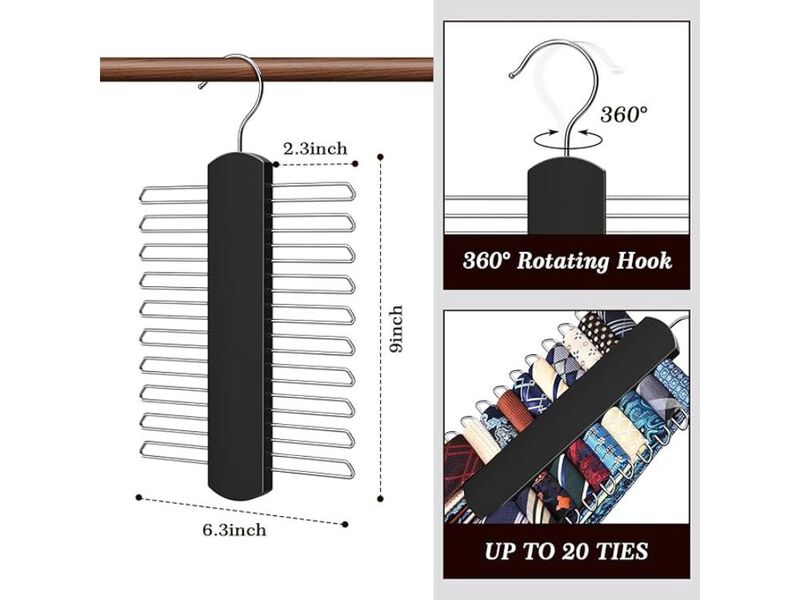 2-Pack Tie Rack | Wooden Necktie Organizer with 360&deg; Swivel Storage for Ties image number 2