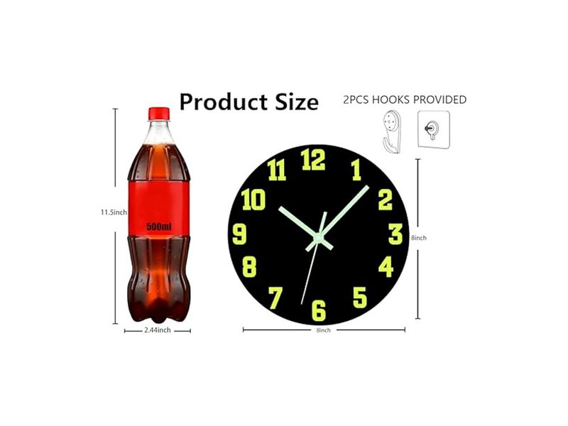 Glow In The Dark Night Light Black Wall Clock 8 Inch Silent Non Ticking Modern image number 2