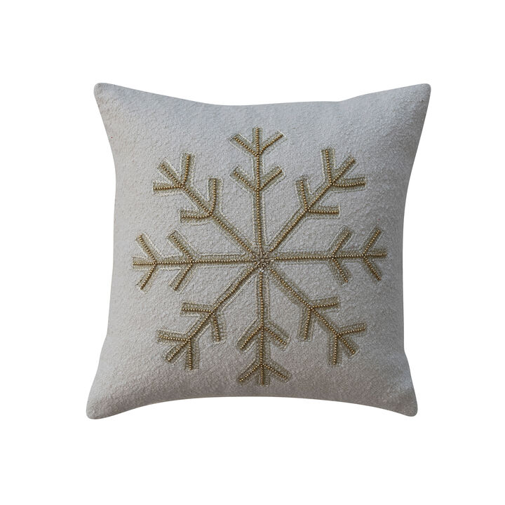 Gold & Cream Cotton Boucle Pillow with Embroidered Snowflake and Beads