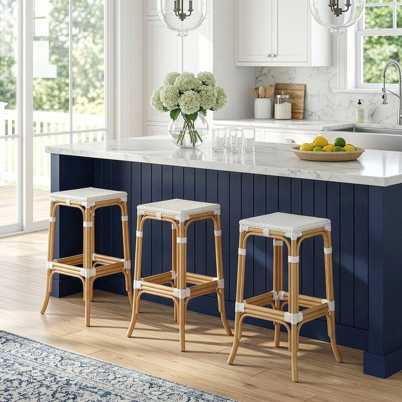 Butler Specialty Laguna 30.5 in. Seat Height Rectangular Rattan Backless Bar Stool White and Navy image number 1