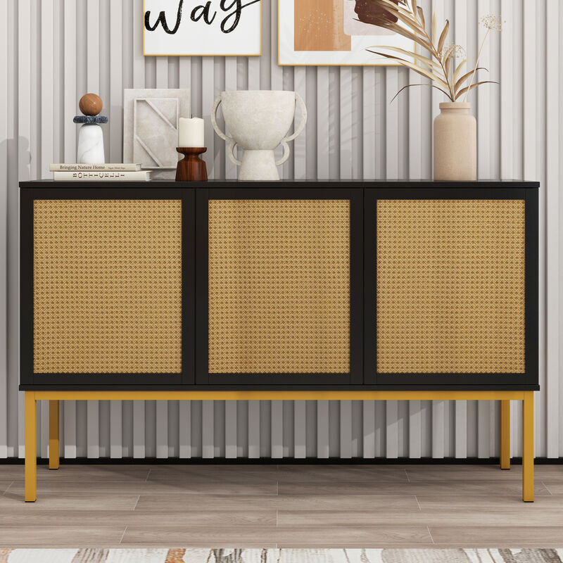 Large Storage Space Sideboard with Artificial Rattan Door and Rebound Device for Living Room and Entryway (Black)