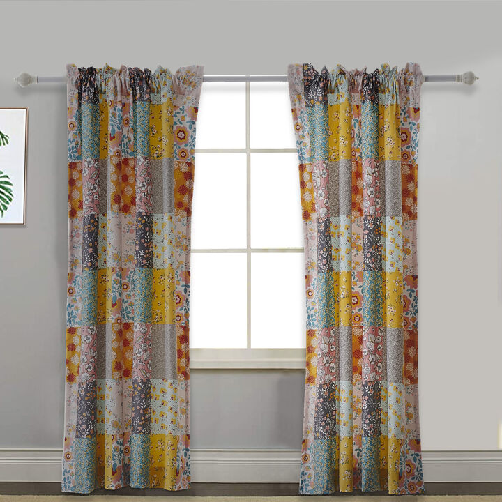 Turin 63 Inch Window Curtains, Brushed Microfiber, Multicolor Patchwork - Benzara