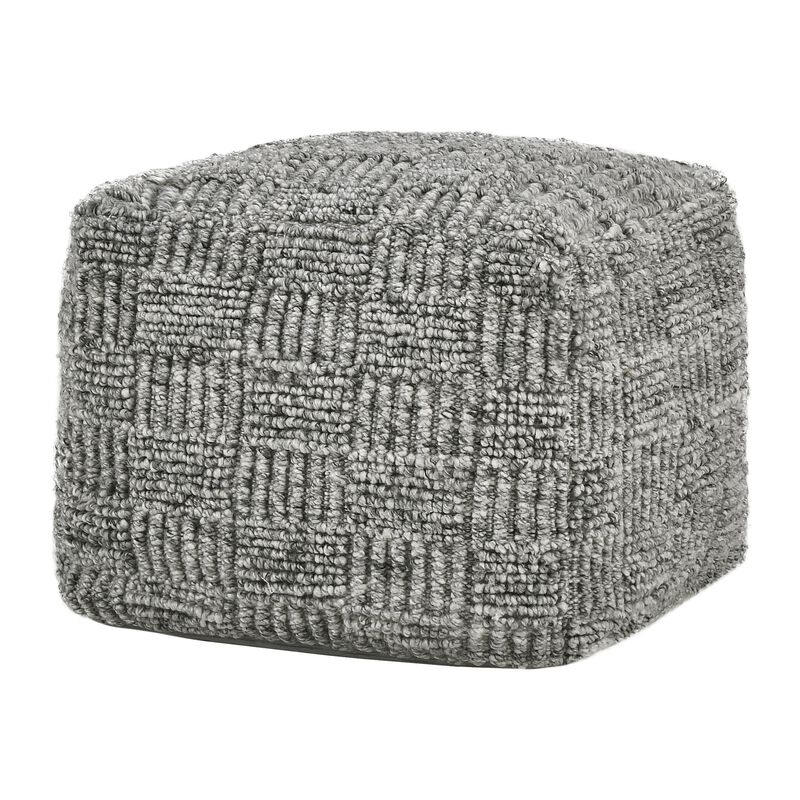 Slick Outdoor Pouf Ottoman, 18 Inch Handwoven Recycled Gray Fabric - Benzara