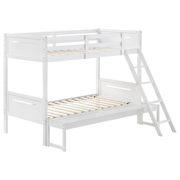 Amey Twin over Full Bunk Bed, Guard Rails, Attached Ladder, White Wood - Benzara