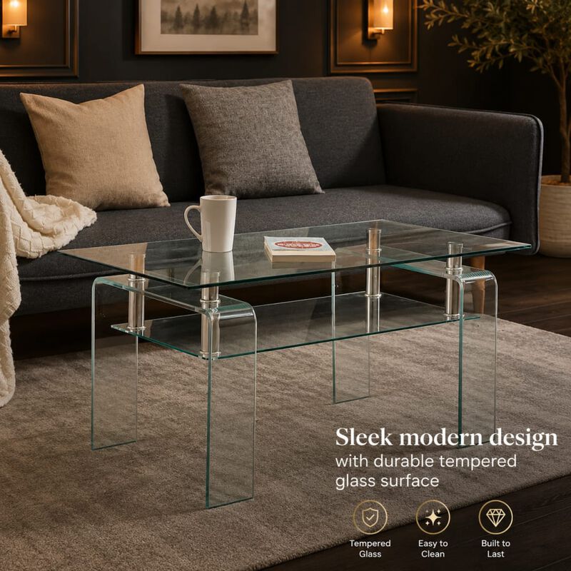 GOODSILO Rectangle Tempered Clear Glass Coffee Table with 2-Tier Storage, Modern Sleek Center Tea Table for Living Room image number 4
