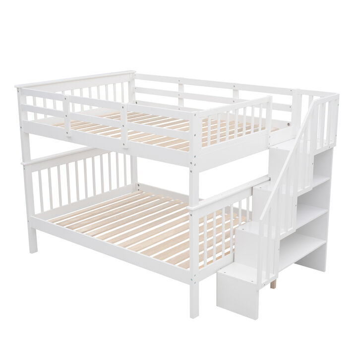 Stairway Full-Over-Full Bunk Bed with Storage and Guard Rail for Bedroom, Dorm, White color