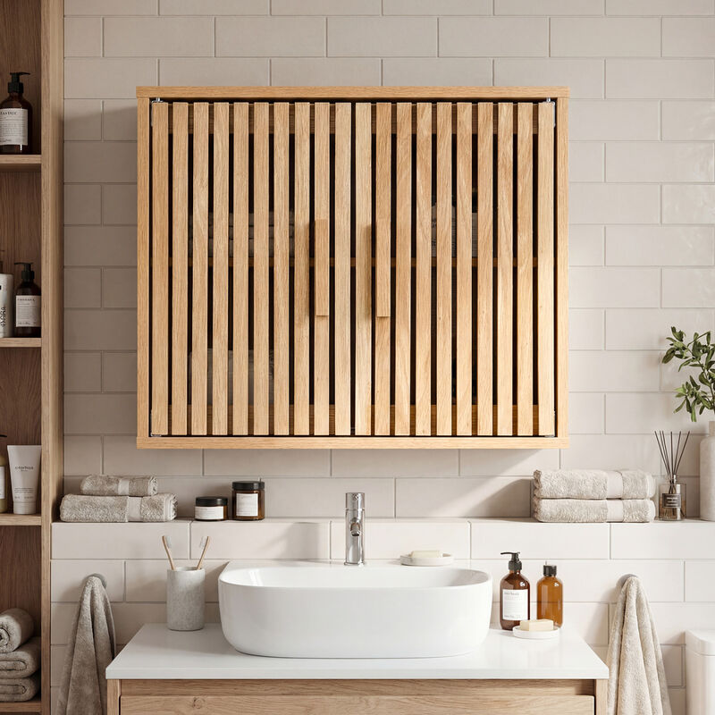 Wall Mounted Bathroom Cabinet with 2 Slatted Doors and Adjustable Shelves-Natural image number 1