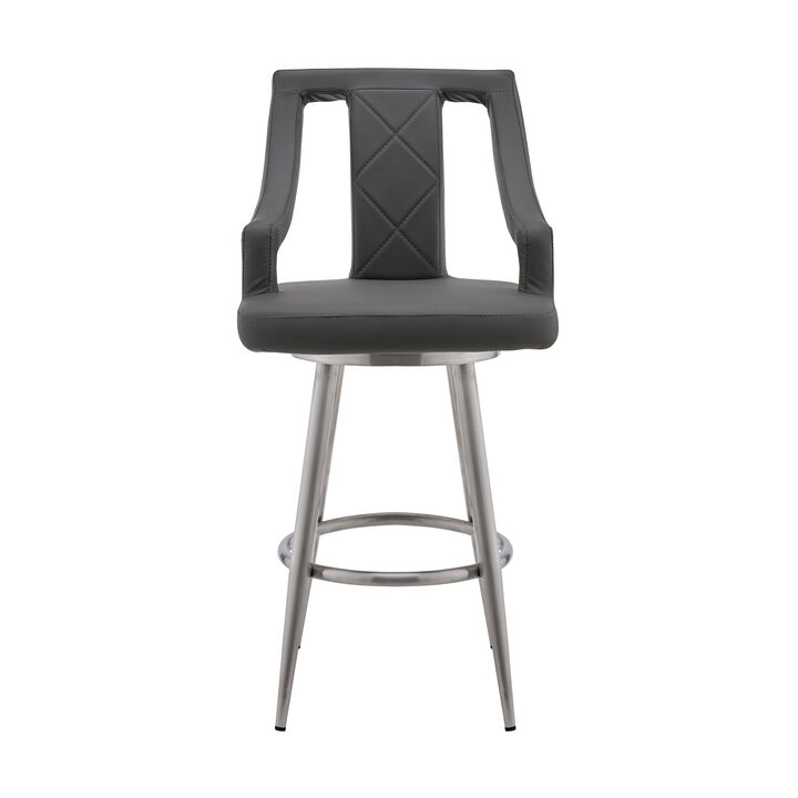 HomeRoots 25" Gray and Silver Faux Leather and Iron Counter Height Swivel Bar Chair