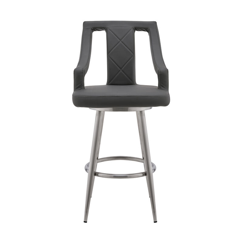 HomeRoots 25" Gray and Silver Faux Leather and Iron Counter Height Swivel Bar Chair image number 0