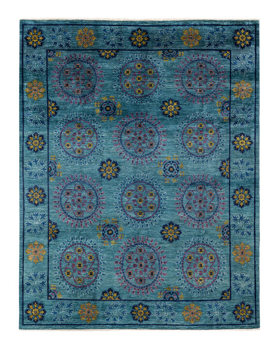Suzani, One-of-a-Kind Hand-Knotted Area Rug  - Green, 7' 10" x 10' 3"