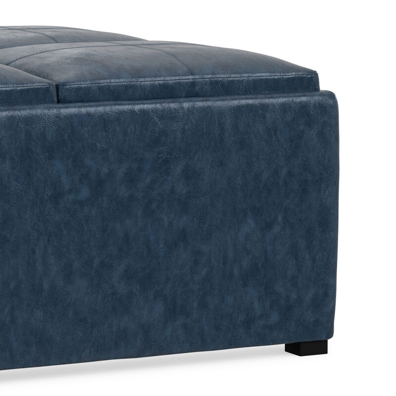 Avalon 35 inch Wide Contemporary Square Coffee Table Storage Ottoman in Denim Blue Vegan Faux Leather, Assembled image number 7