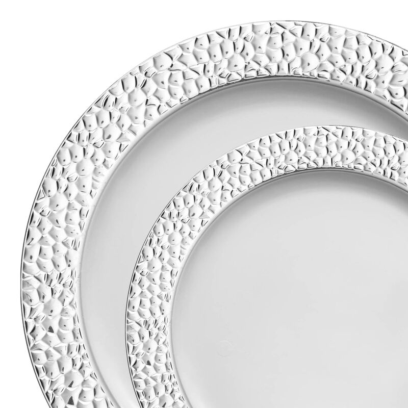 White with Silver Hammered Rim Plastic Dinnerware Value Set (40 Sets) image number 9