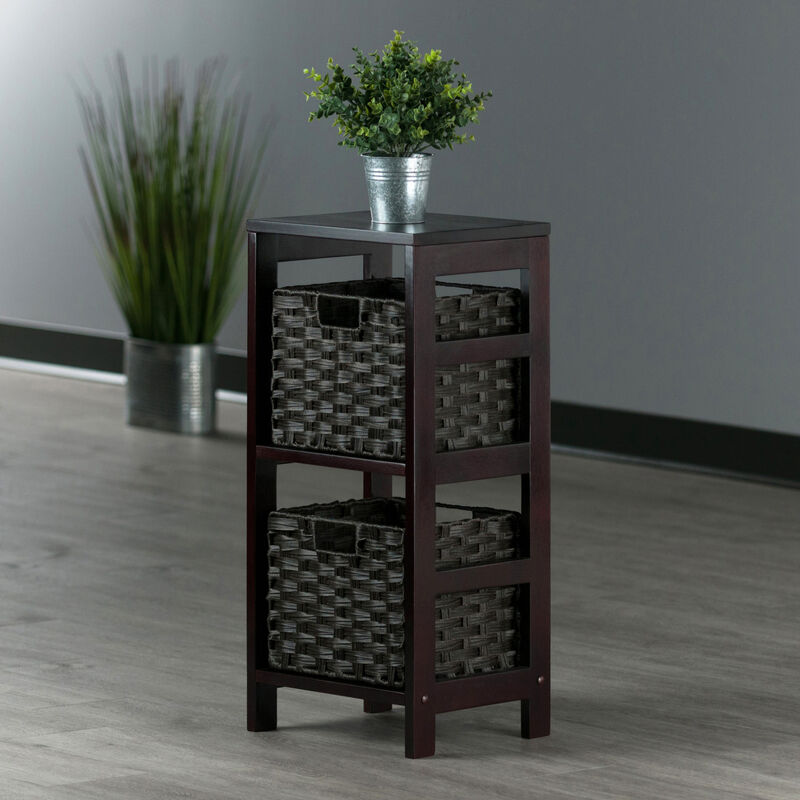 Winsome Wood Leo 3-Pc Storage Shelf with 2 Foldable Woven Baskets - Espresso and Chocolate
