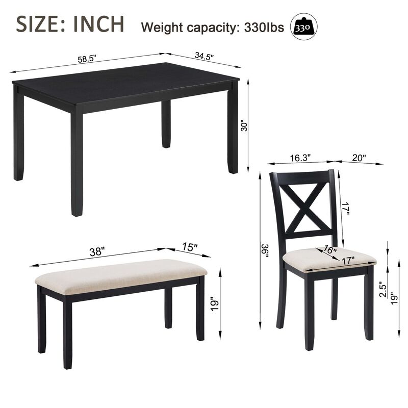6 Piece Dining Table Set with Bench, rectangular wood dining table set for 6, farmhouse dining table set, timeless dining furniture image number 2