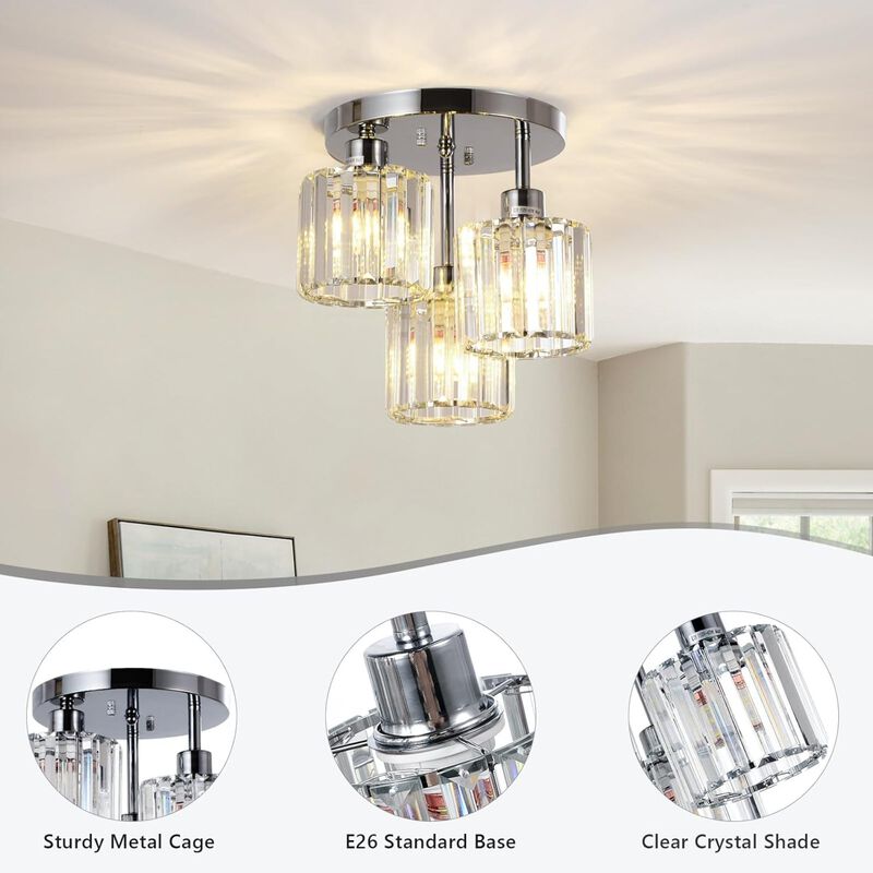 ELEMENT ACE 3-Light Semi Flush Mount Ceiling Light Fixture with Clear Crystal Shades for Kitchen Entryway Bedroom Bathroom Foyer Hallway Living Room image number 1