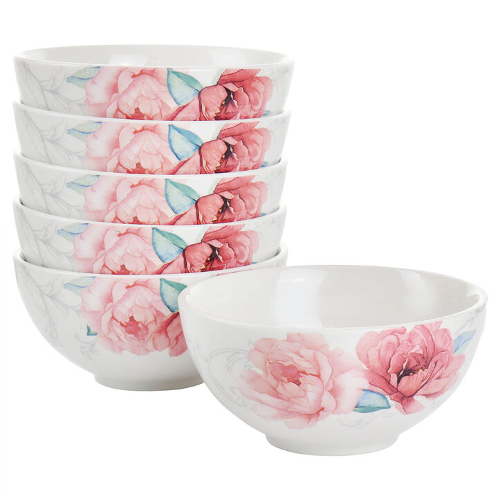 Martha Stewart 6 Inch Fine Ceramic 6 Piece Floral Decorated Cereal Bowl Set in White and Pink