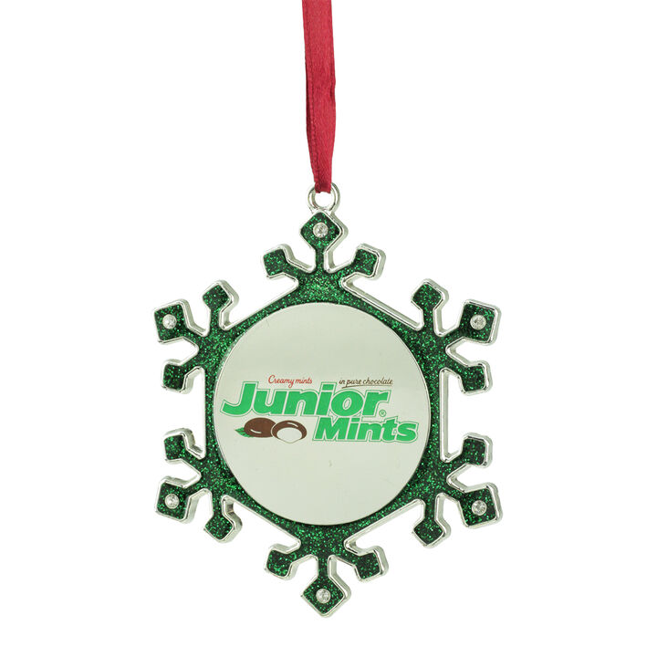 3.25" Green and Silver Snowflake 'Junior Mints' Candy Logo Christmas Ornament
