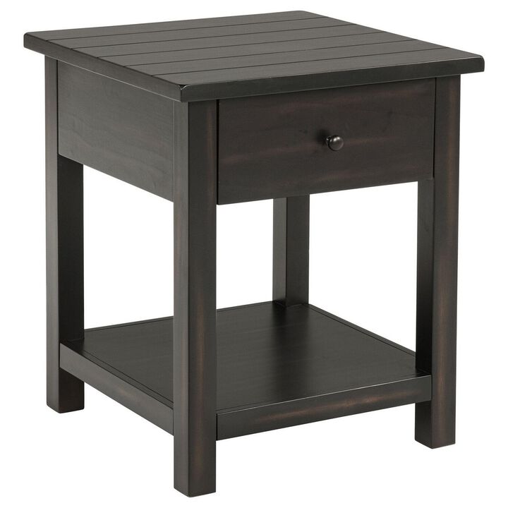 Ayne Side End Table, 1 Shelf, 1 Drawer, Black Wood, Square 20 Inch