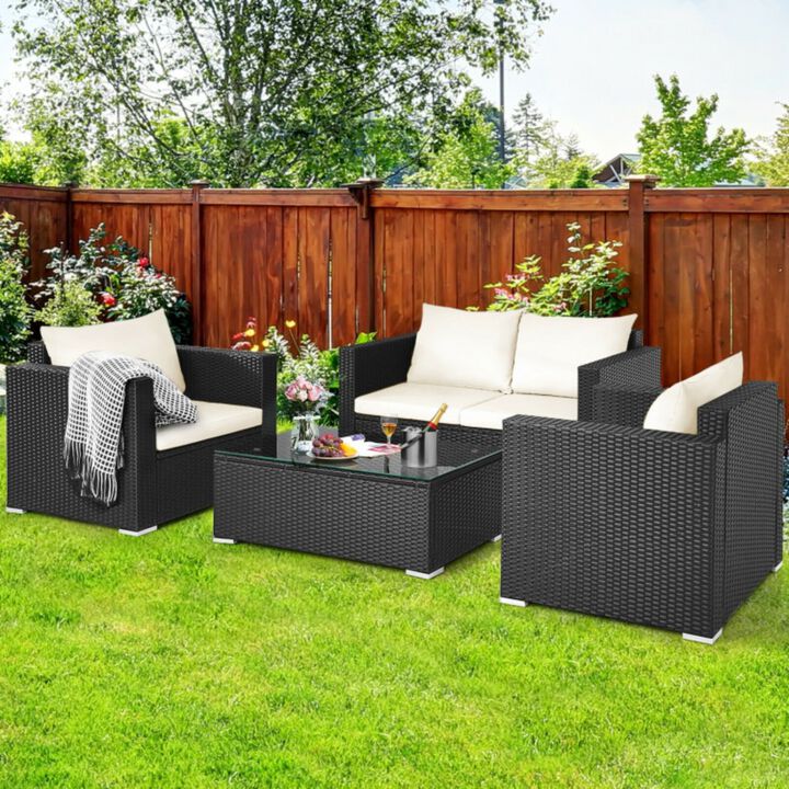 Hivvago 4 Pieces Patio Rattan Conversation Set with Padded Cushion