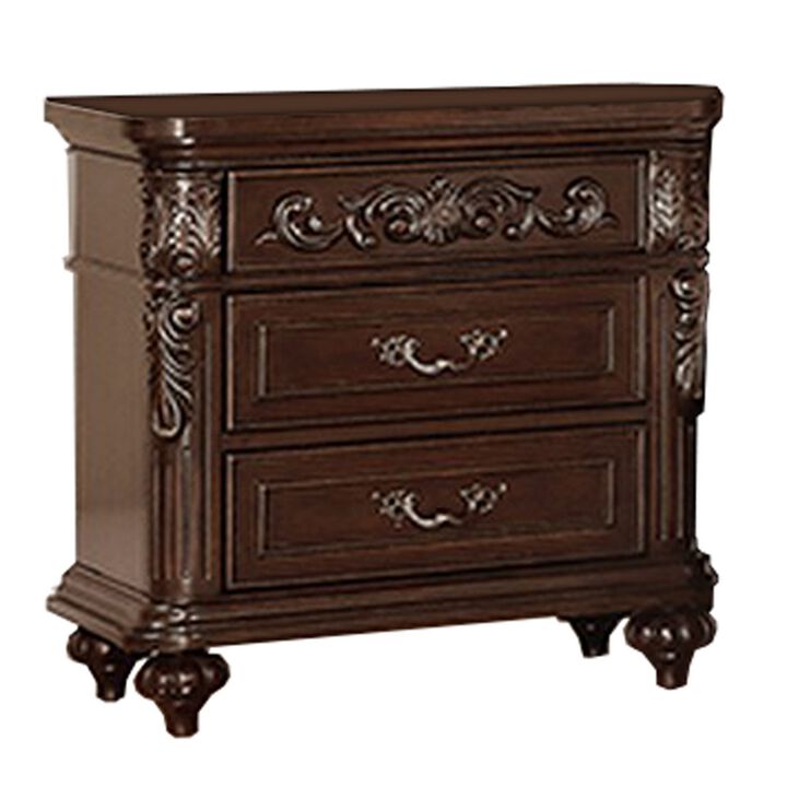 30 Inches 3 Drawer Engraved Wooden Nightstand, Brown-Benzara