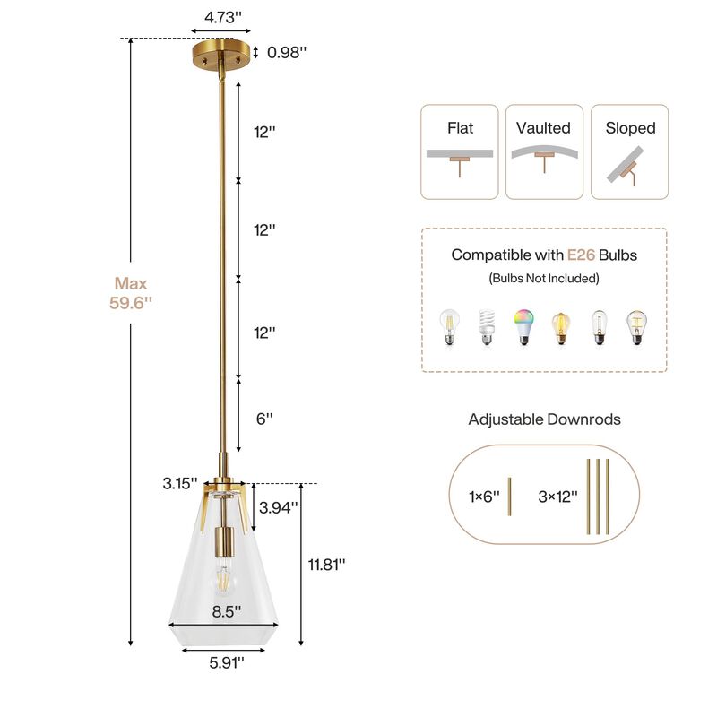 Gold Pendant Light with Clear Glass Shade, Adjustable Downrods image number 2