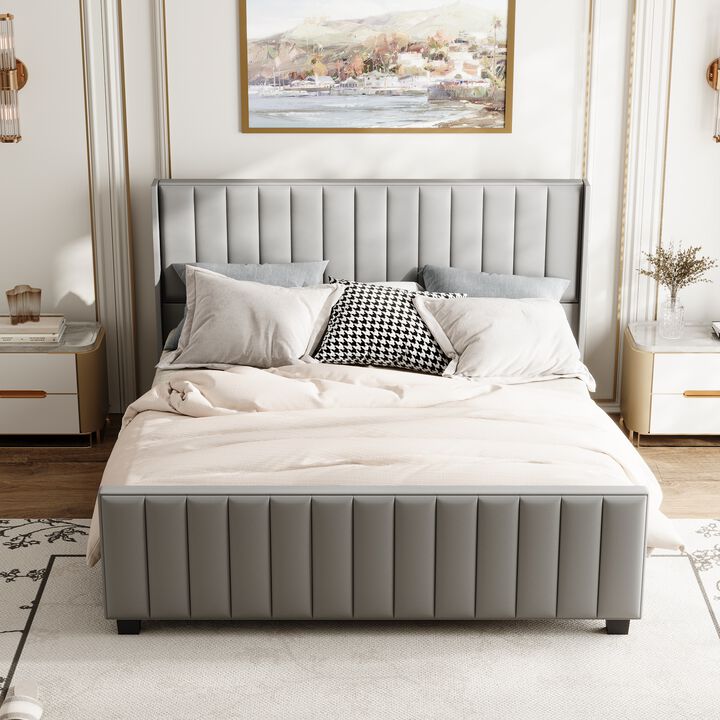FUFU&GAGA Modern Queen Iron and Wood Upholstered Bed with Slatted Headboard and Footboard, (86.8 in. W x 78.3 in. D x 46.9 in. H), Gray