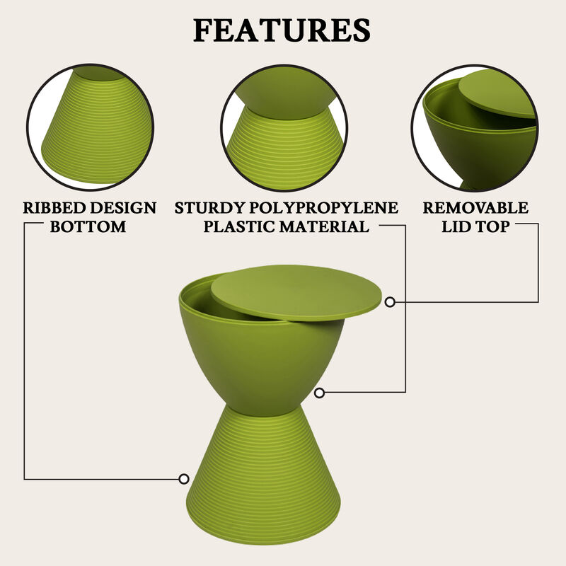LeisureMod Modern ABS Shell Ribbed Hourglass Accent Drum Side Table with Removable Lid for Storage Indoor and Outdoor Use