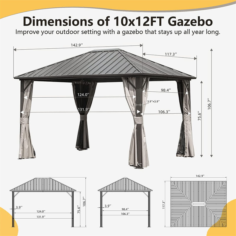 MONDAWE 10x12ft Permanent Outdoor Galvanized Steel Roof Gazebo with Aluminum Frame, Pavilion Metal Gazebos with Netting & Curtains for Garden, Patios, Lawns, Parties(Dark Brown)