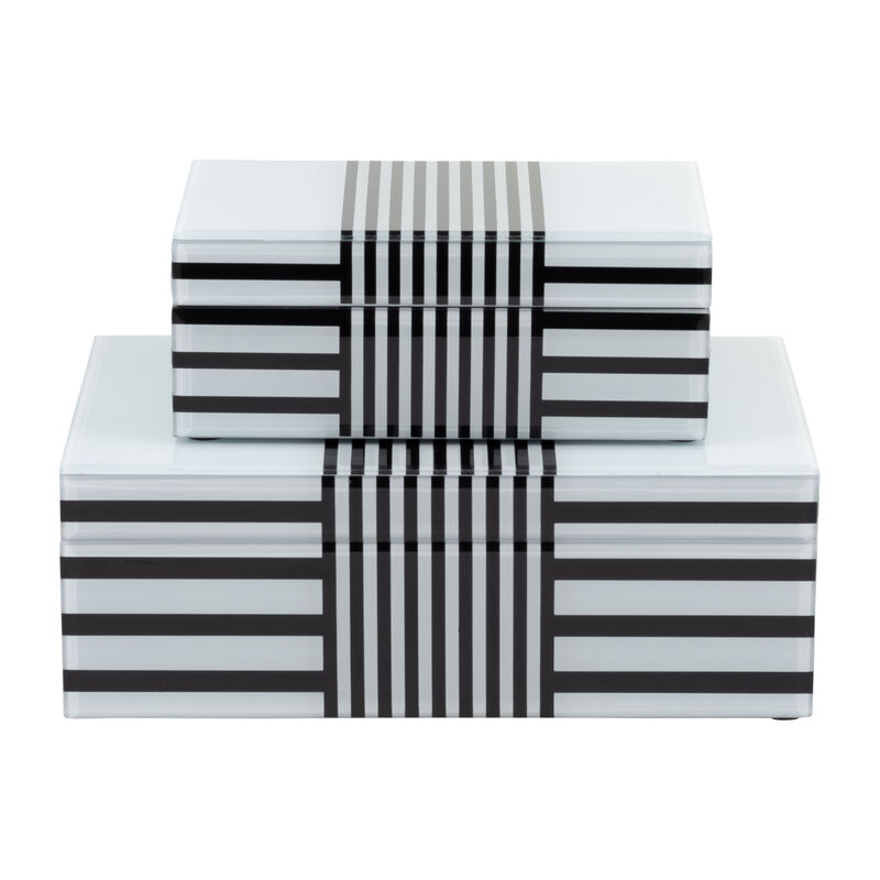 Wood, S/2 8/11" Striped Boxes, Black/white image number 2