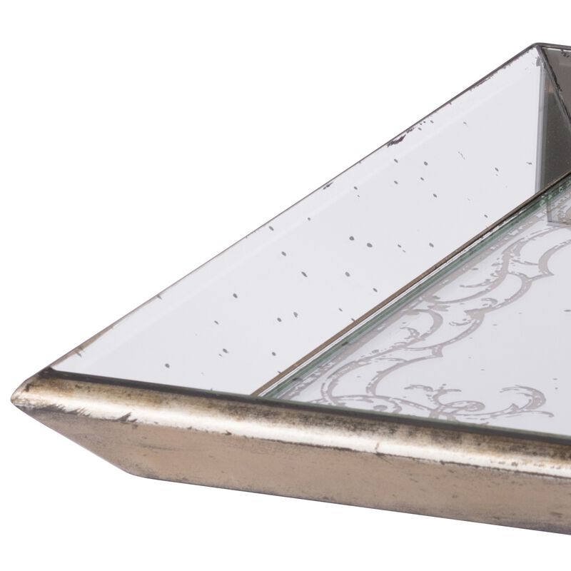 Set of 2 Square Serving Trays, Decorative, Vintage Mirrored, Champagne - Benzara